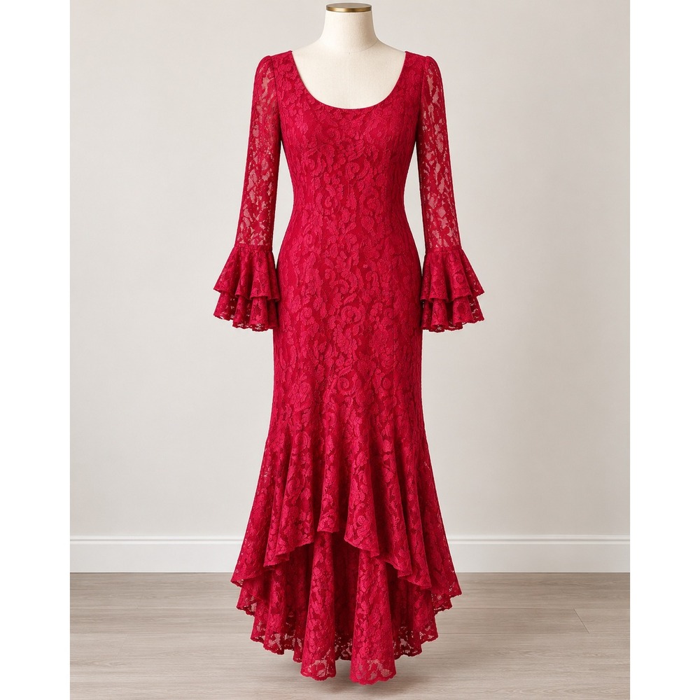 Lew Magram Red Floral Lace Mermaid Gown Ruffle Bell Sleeve High Low Dress 14